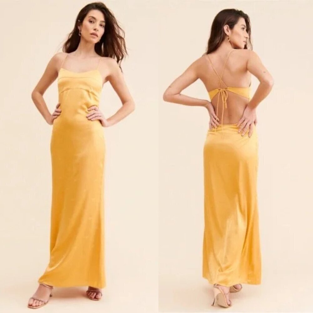 Allina Liu Gold Satin Bumble Bee Maxi Slip Dress 20755